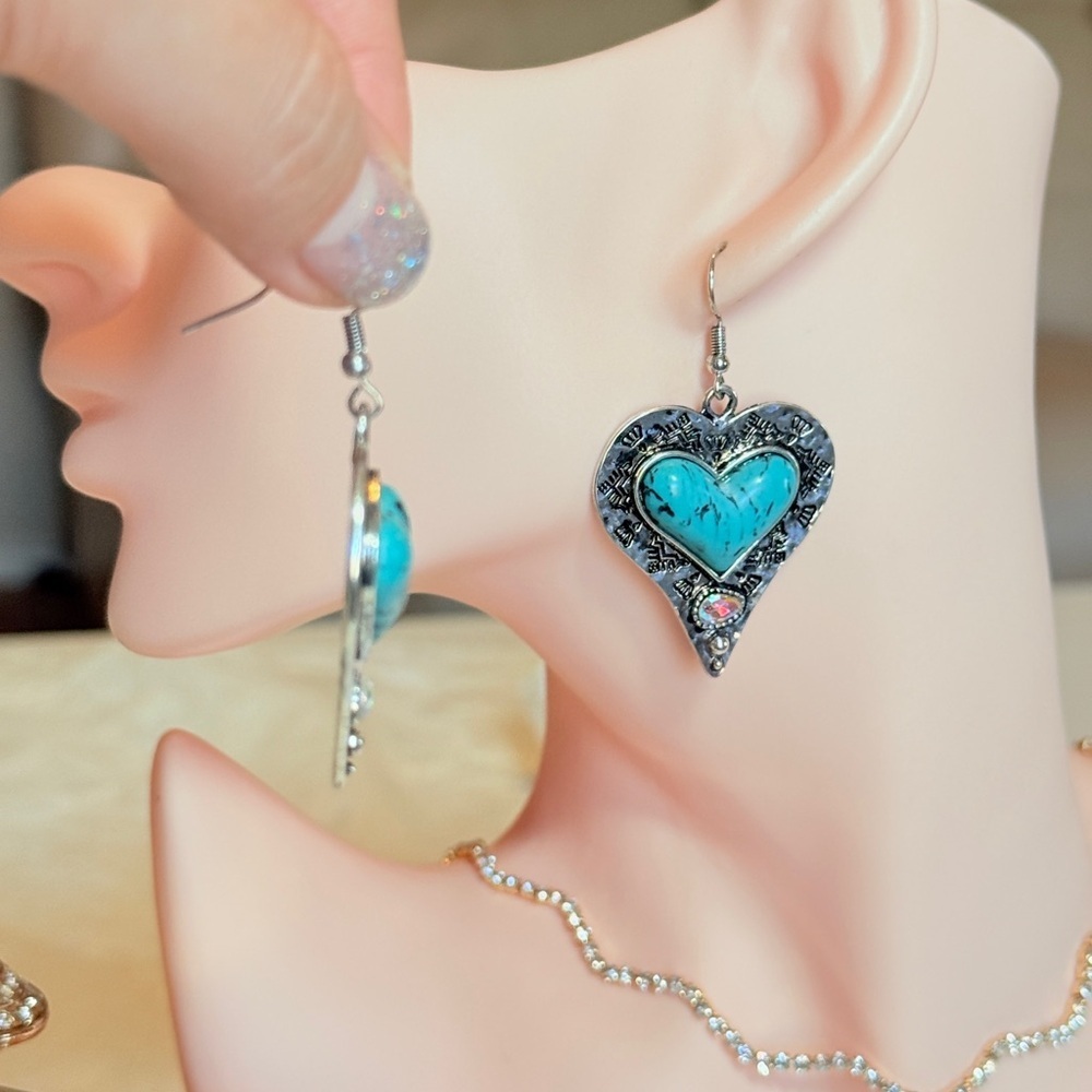 Western Silver Heart Earrings with Turquoise - Picture 8 of 11